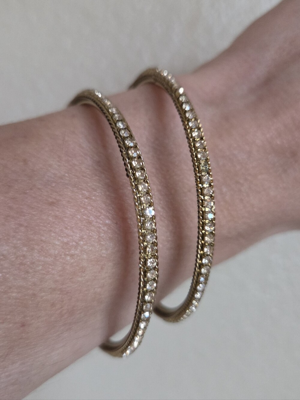 vintage brass rhinestone bangle bracelets rope twist eternity stackable pair